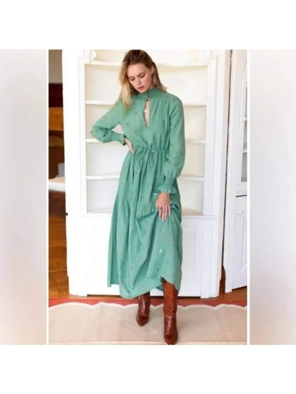 Emerson Fry India Collection Lucy Bella Organic Cotton Green Dress Size L